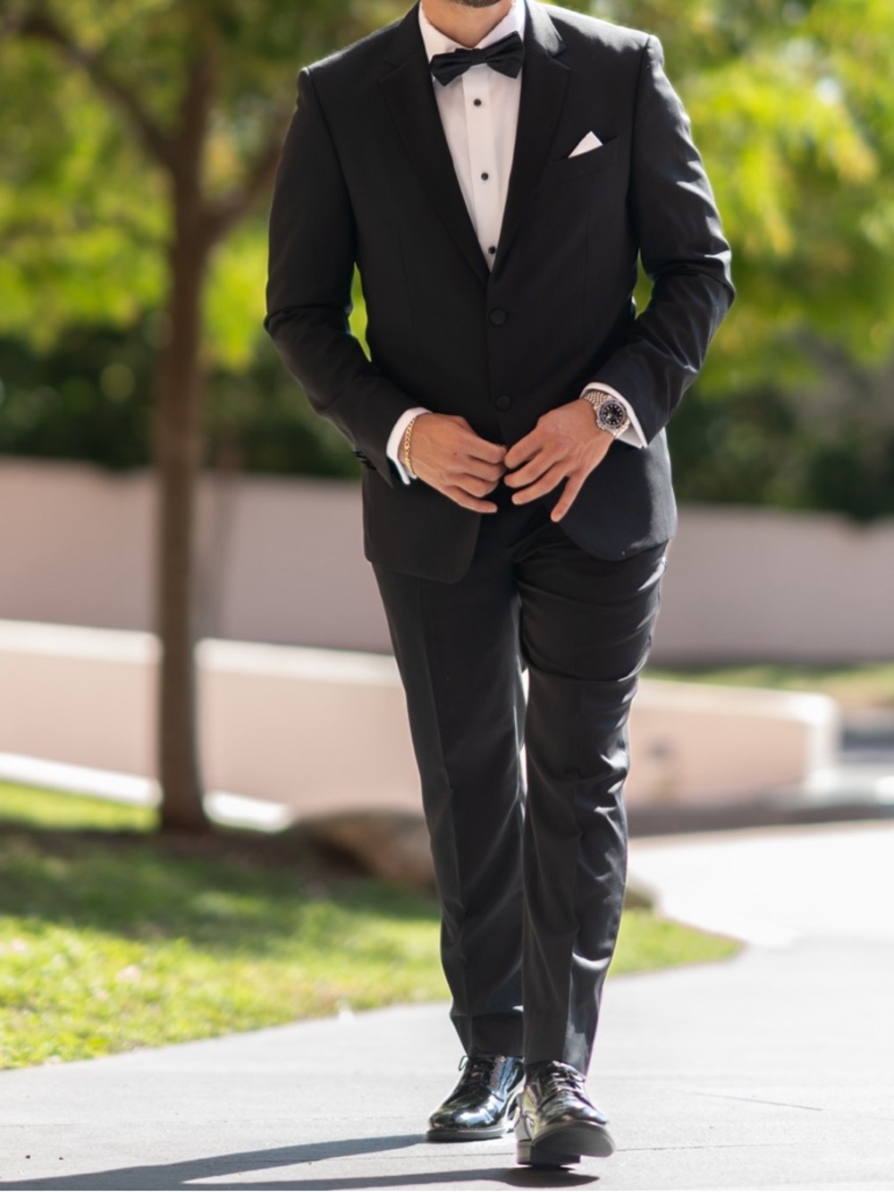 Boss Black Tuxedo set with button shirt,black bow tie,shoes,satin belt